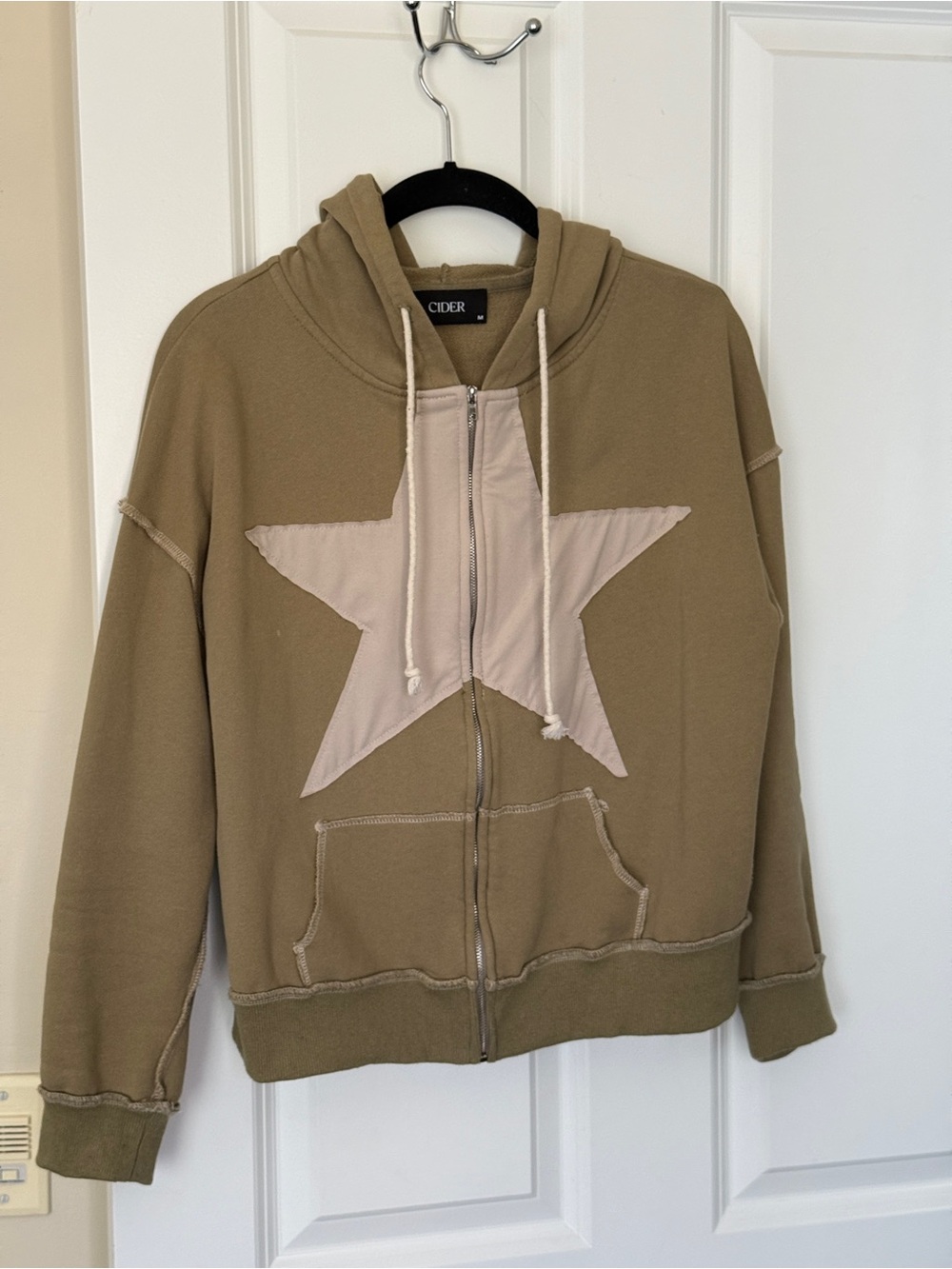 Cider Moss Green/Brown Zip Up Cropped Hoodie with Pale Beige Star